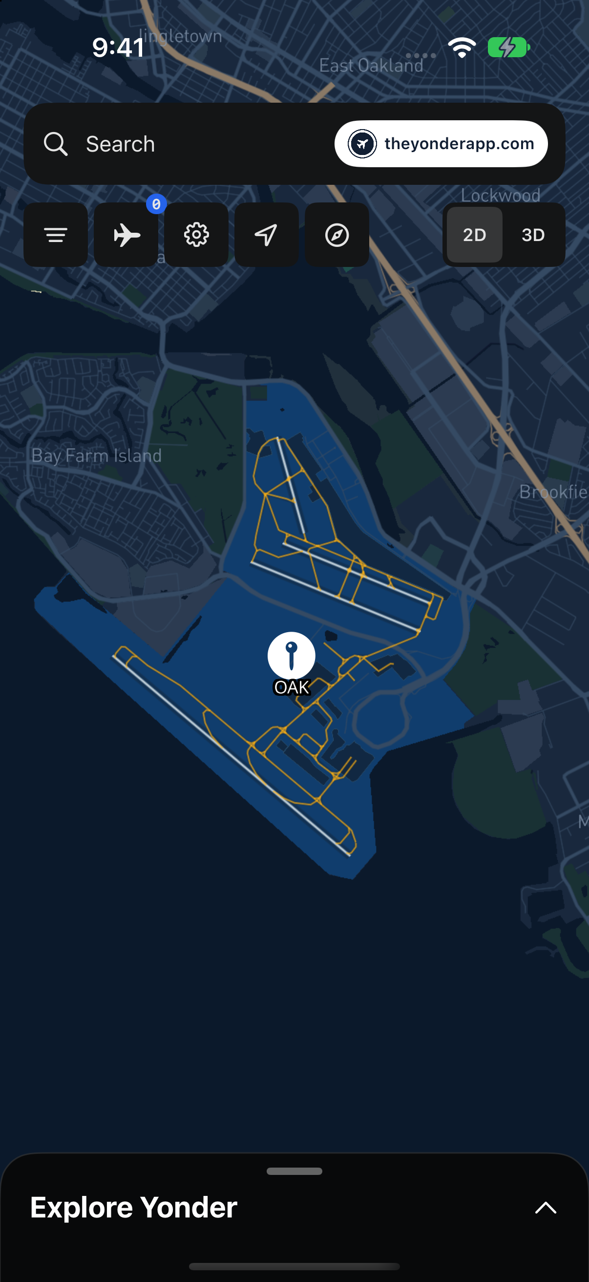 Yonder on iPhone showing Oakland airport and runways